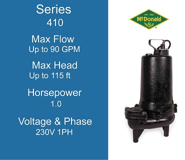  AY McDonald Sewage Pumps, 410 Series, 1.0 Horsepower, 115/230 Volts 1 Phase, 230/460 Volts 3 Phase